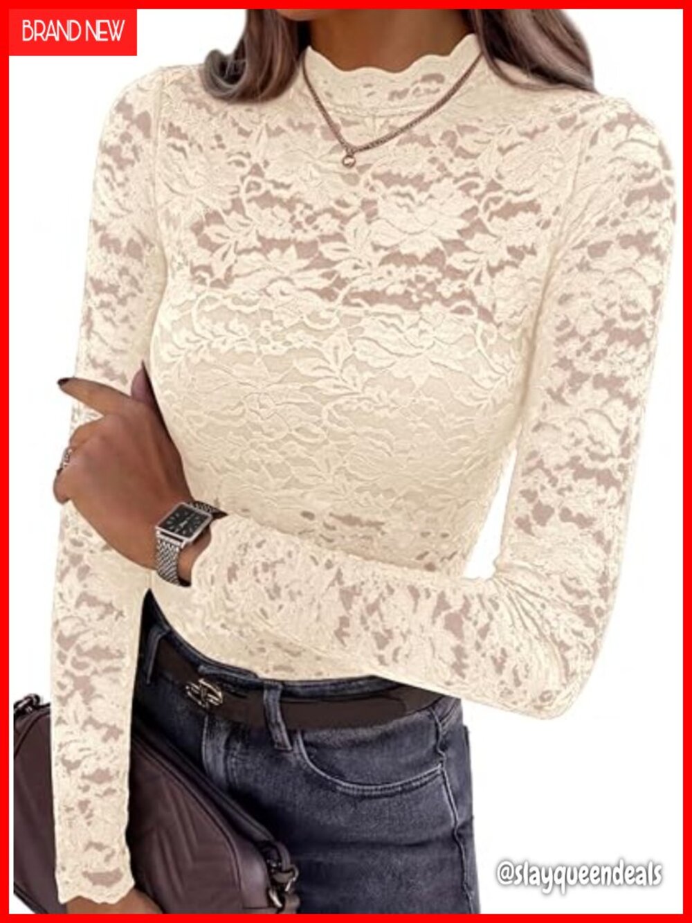 Lace Long Sleeve Mesh Sheer Mock Neck Slim Fitted Blouse Tops